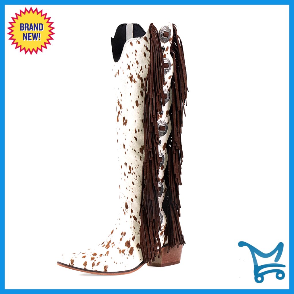 Knee High Western Boots With Fringe Mid Heel Side Zipper Cow Print